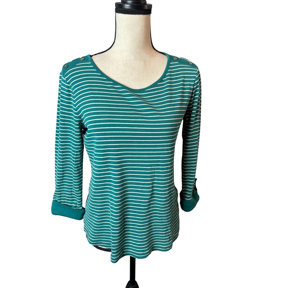Jones New York Signature Green White Striped Cotton 3/4 Sleeve Top Medium